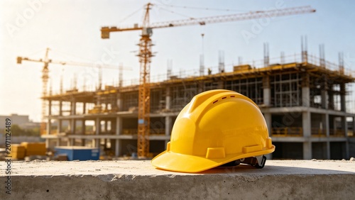 Yellow Construction Hard Hat On A Building Site
