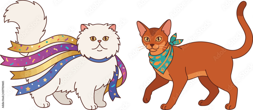 Fototapeta premium Two playful feline friends, a fluffy white cat with festive ribbons and a sleek companion, enjoying a bright day on a clean white background.