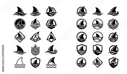 Bild auf Leinwand Set of 30 shark fin logo icons with ocean waves and geometric shapes, black vect