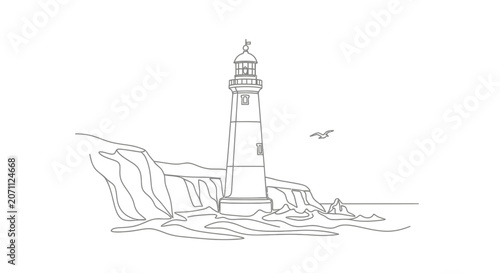 Minimalist lighthouse drawing on cliff edge with seagull and ocean waves