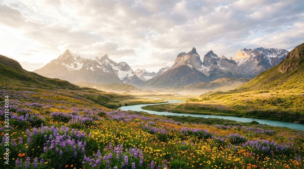 Fototapeta premium A stunning landscape showcases a vast valley filled with vibrant purple wildflowers and a meandering river.