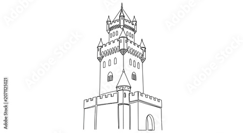 Tableau sur toile Black and white line drawing of a medieval tower with crenellations and battlements