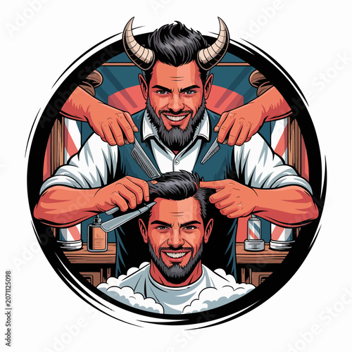 Quadro su tela Barber cutting hair with devilish illustration.