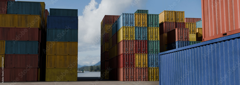 Fototapeta premium 3D Illustration of Stacked Colorful Shipping Containers at International Cargo Port Logistics Terminal
