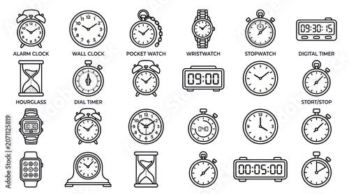 Tableau sur toile Collection of Various Timekeeping Devices Icons: Clocks, Watches, Timers, Hourgl
