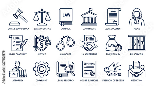 Foto Legal Icons Set: Justice, Law, Courtroom, Contract, Judge, Attorney, Copyright