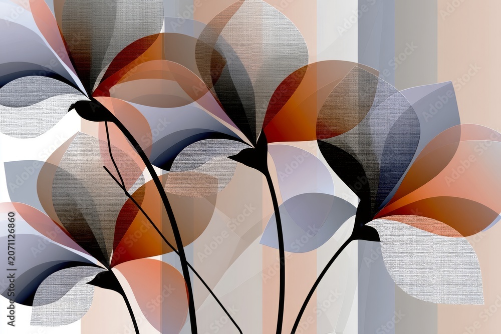 Fototapeta premium AI-generated illustration of a simple, bright floral design in black, white, gray and red, with beautiful textures