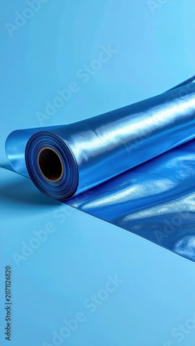 Shiny Blue Metallic Foil Roll Unfurling on a Light Blue Surface.