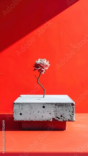 Minimalist Succulent on Concrete Block Against Red Background.