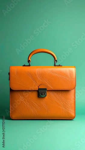 A stylish orange leather briefcase on a teal background.