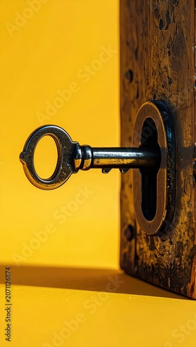 Vintage Key in Old Lock on Yellow Background.