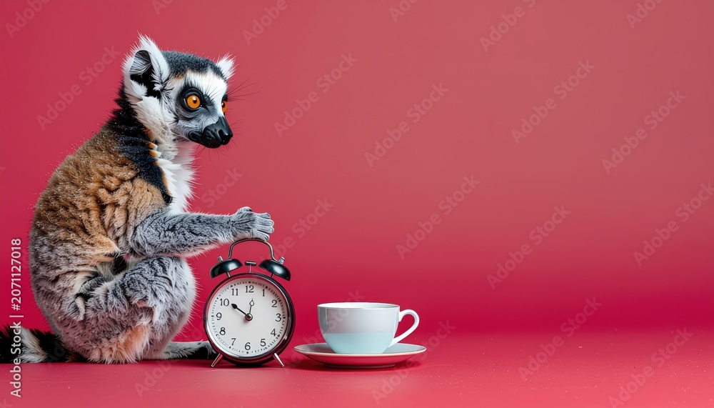 Fototapeta premium Whimsical lemur illustration embracing an alarm clock with a cup of tea on coral backdrop