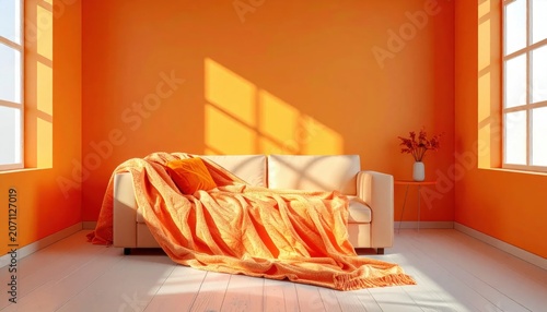 Cozy Orange Living Room with Sofa and Sunlight.