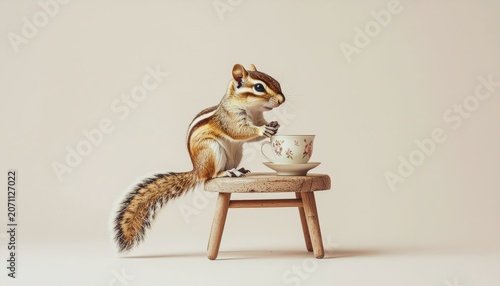A Charming Chipmunk Taking Tea: Whimsical Wildlife Scene on Neutral Background