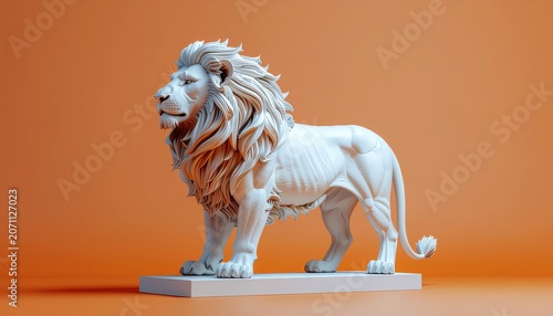 Lion sculpture with detailed mane standing majestically against orange backdrop