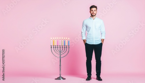 Celebrating Hanukkah: Young man posing next to a beautiful menorah against a pink background
