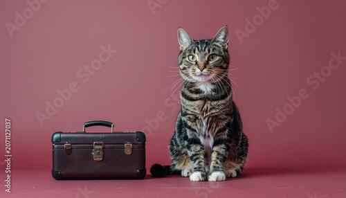 Ready for Adventure: Striped Tabby Cat with Vintage Suitcase on a Dusty Rose Background
