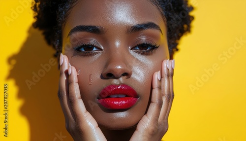 Close up studio shot of a beautiful african model with water drop on face