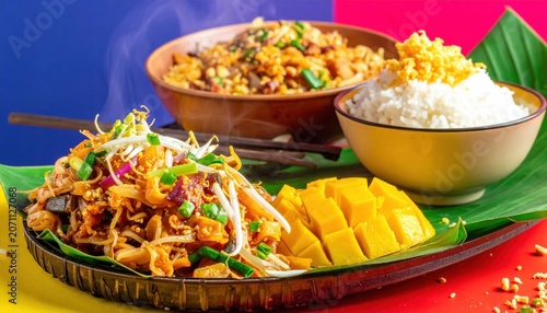 Delicious Thai Food Platter with Pad Thai, Rice, and Mango.