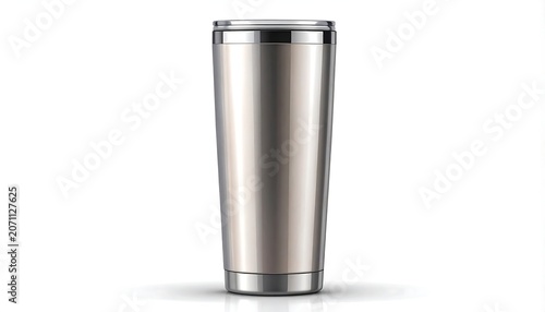 A tall, metallic-looking insulated tumbler with a silver rim and lid. It's designed to keep beverages hot or cold