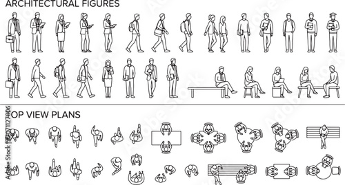 Architectural human figures set with side view silhouettes and top view plans for interior design and urban planning projects