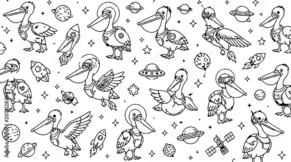 Fototapeta premium Whimsical pelican and space themed line art pattern.
