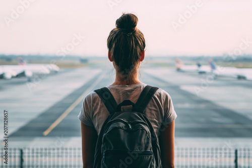 Woman traveler with a backpack looking at an airplane on the airport runway trip