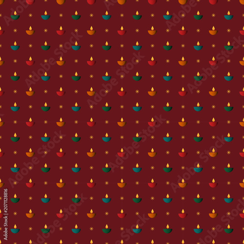 Diwali diya seamless pattern, traditional oil lamp repeating vector background, festive Deepavali maroon minimalist ornament for wrapping paper
