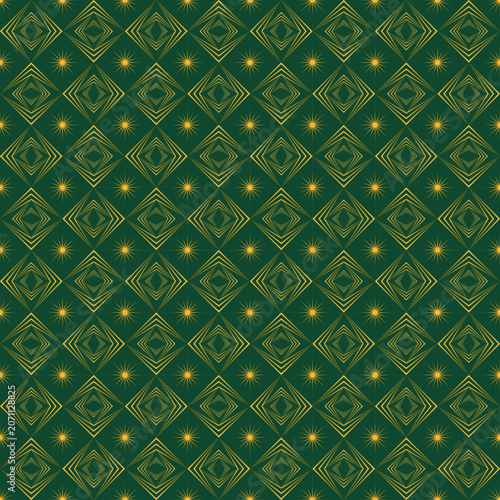 Diwali seamless pattern, luxury green and gold geometric background with starburst elements, festive Deepavali repeating vector ornament