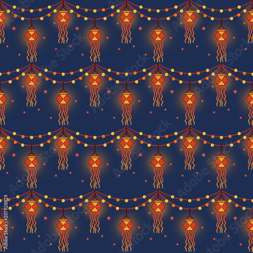Diwali lantern seamless pattern, festive garland lights on dark blue night background, Deepavali kandil decorative repeating vector