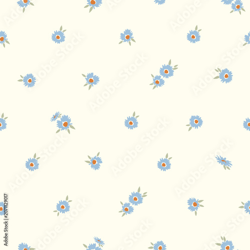 Cute blue daisy flower seamless pattern on cream background. Vintage ditsy floral vector illustration for textile, fabric, wallpaper, wrapping paper, nursery decor and fashion design.