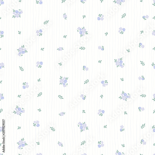 Soft lavender flower seamless pattern on white striped background. Delicate ditsy floral vector illustration for baby fabric, textile, wallpaper, wrapping paper, nursery and cottagecore decor.