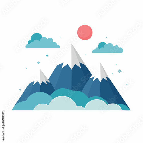 Flat design mountain landscape with sun and clouds