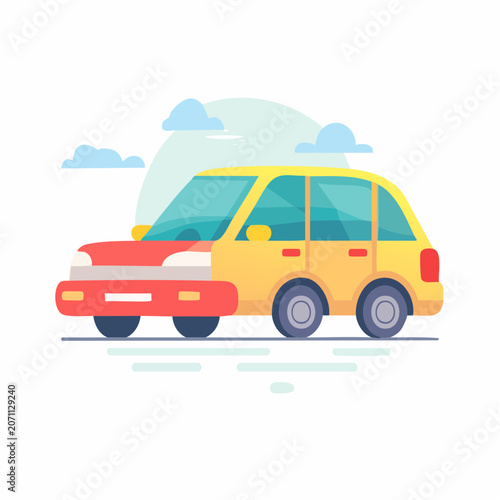 Flat design yellow car illustration with clouds