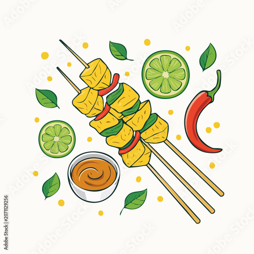 Food skewers with dipping sauce, lime, and chili pepper