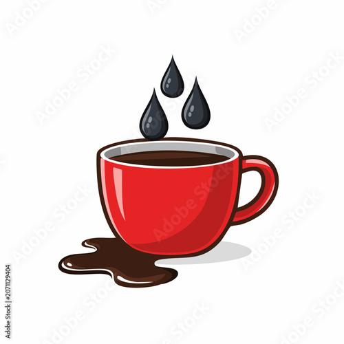 Red coffee cup with spilled liquid and falling drops