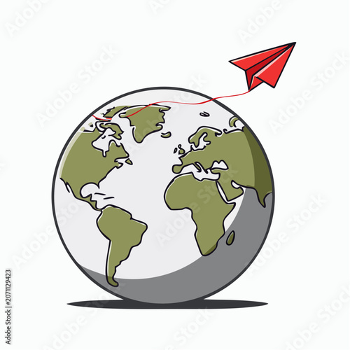 Red paper airplane flying around the Earth