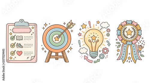 Photos A creative illustration of a clipboard, dartboard, lightbulb, and rosette on a white background with colorful symbols