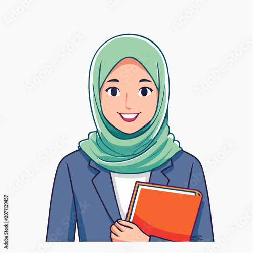 Smiling woman in hijab holding a book, flat design illustration