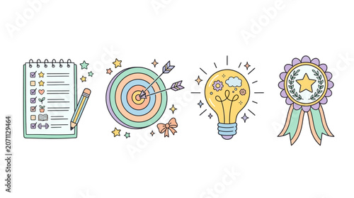 Cuadro en lienzo A colorful illustration of a notebook, a target with arrows, a light bulb, and a rosette badge on a white background