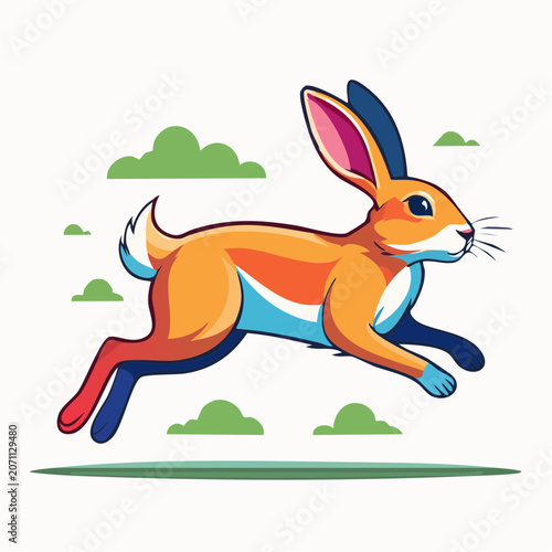 Stylized rabbit jumping with clouds and grass