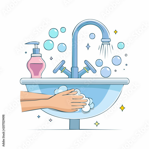 Washing hands with soap and water in a sink