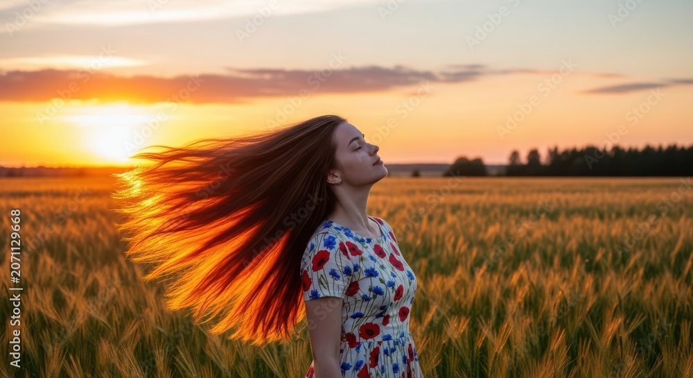 Obraz premium Golden hour serenity young woman enjoying a wheat field sunset serene natural beauty