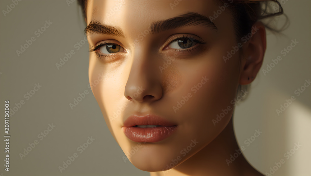 Fototapeta premium Close Up Portrait of a Young Woman with Sparkling Face Makeup and Warm Sunlight