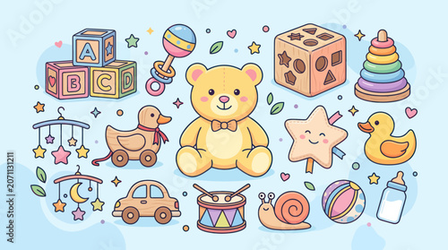 Photos Cute Baby Toys Collection: Teddy Bear, Blocks, Rattle, Duck, Car, Drum, Snail