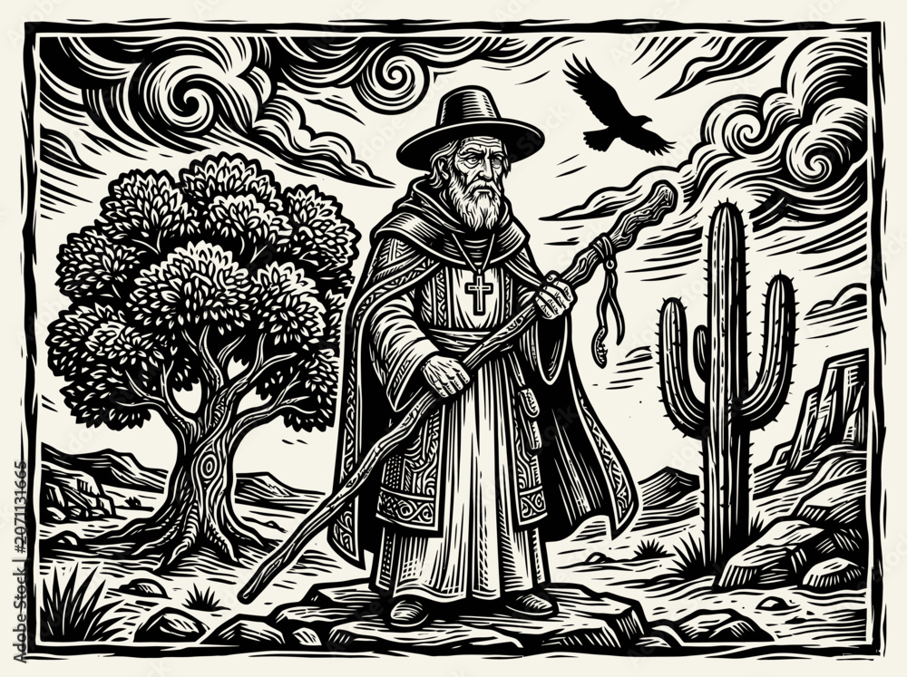 Fototapeta premium Linocut illustration of an elderly desert pilgrim with a staff and robes