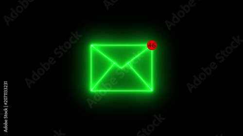 Neon email envelope animation on black background, for digital communication, and business messaging 4k video animation.