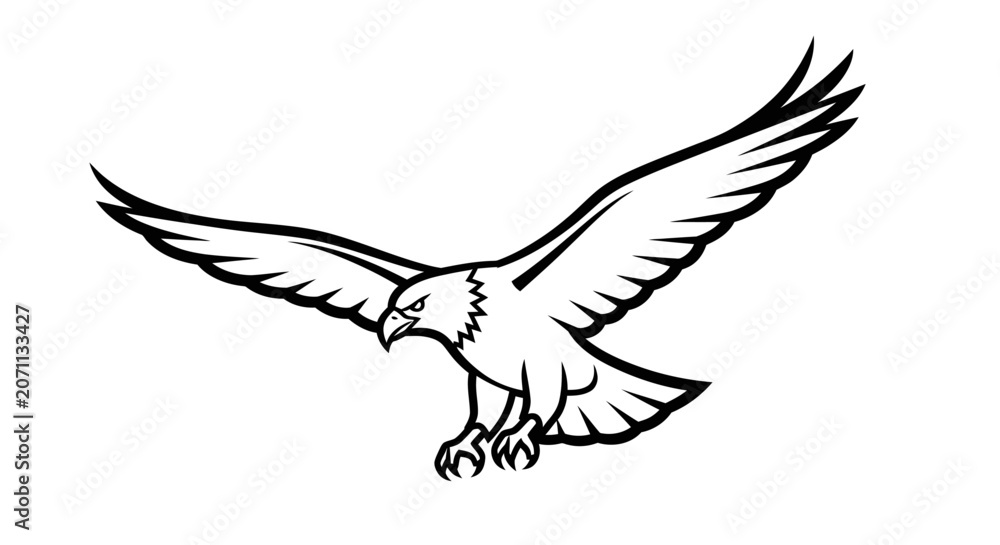 Fototapeta premium Majestic flying eagle line art illustration, powerful bird of prey in black and white outline, soaring raptor graphic isolated