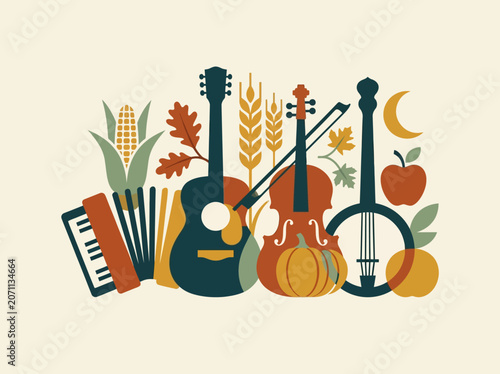 Bild auf Leinwand Fall Folk Music and Harvest Festival Illustration Featuring Acoustic Guitar, Vio