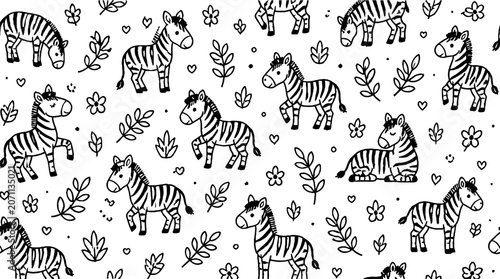 Playful zebra pattern with floral and heart accents.